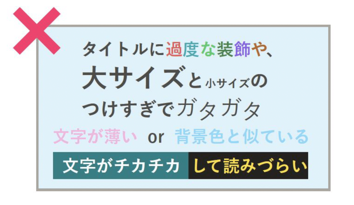 Hiroponさんの記事にある、過剰な文字装飾や低コントラストを示すNG再現イメージ。